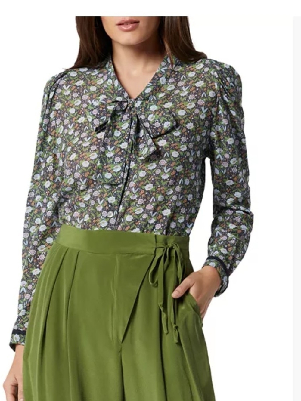 Joie ELdridge Olive Green Multi-Color Floral Tie-Neck Blouse